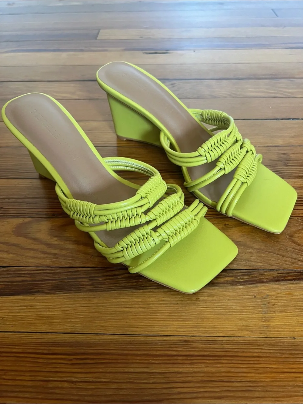 Gabrielle Union Lime Green Braided Wedge Sandals Square Toe Slip On NWOB Size 9